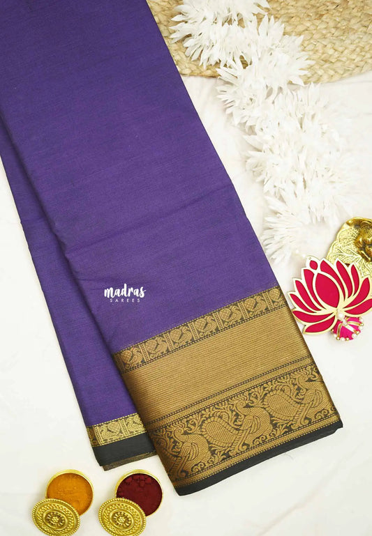 Karthigai silk cotton plain body big mayil border - Violet