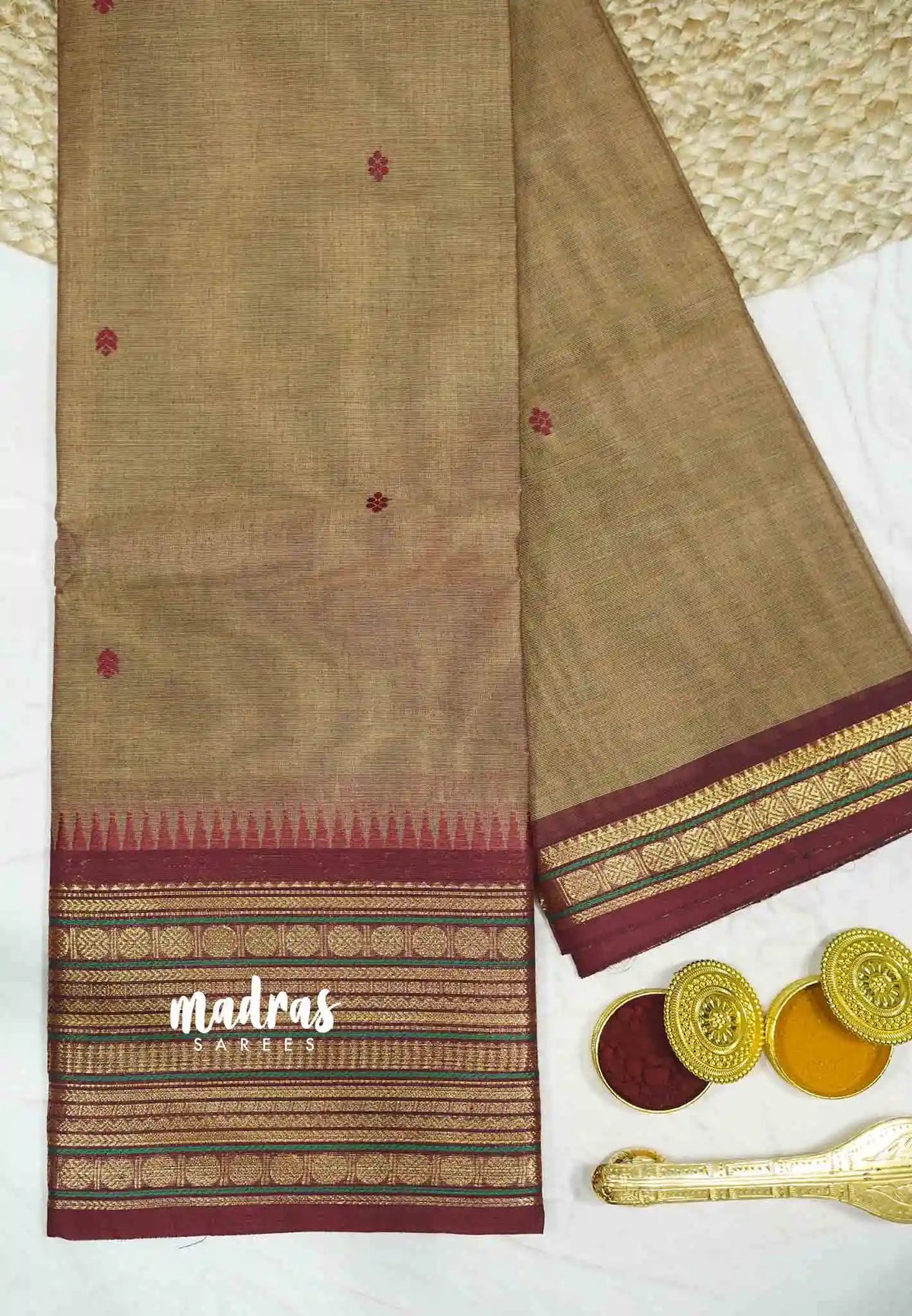 Karthigai silk cotton multi rudraksham border - Mild brown