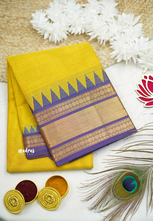 Karthigai silk cotton rettapet and temple border - Yellow