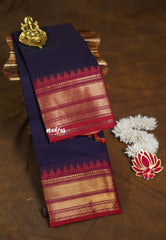 Midnight Blue - Karthigai Silk Cotton Bavanji with Temple Border - Best for Wedding Functions