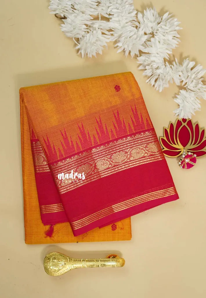 Yellowish Orange - Karthigai silk cotton Big Temple Border with Buttas