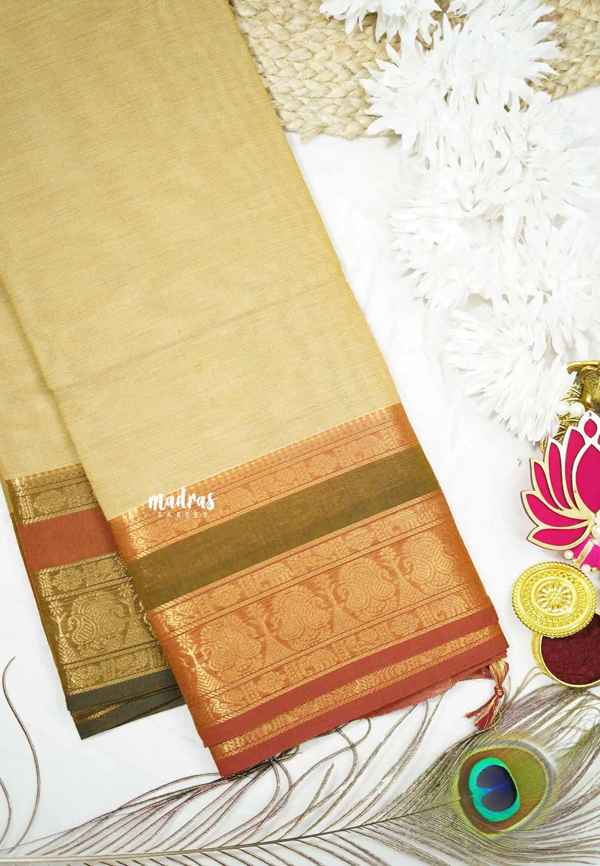 Karthigai silk cotton multiborder ganga jamuna border - Mild beige