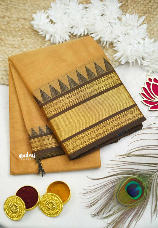 Karthigai silk cotton rettapet and temple border - Pastel brown