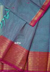 Greyish Blue  - Karthigai silk cotton Multi Checks Border with buttas