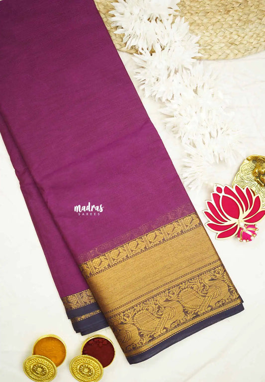 Karthigai silk cotton plain body big mayil border - Magenta