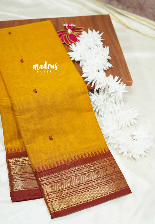 Mustard yellow - Karthigai silk cotton getti zari with mango border
