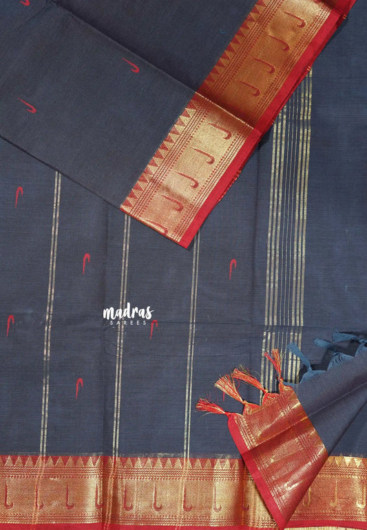 Solid Bluish Grey - Karthigai silk cotton paithani border