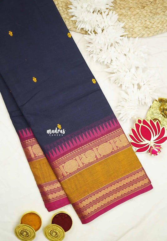 Karthigai silk cotton big rudraksham annam border - Deep navy blue