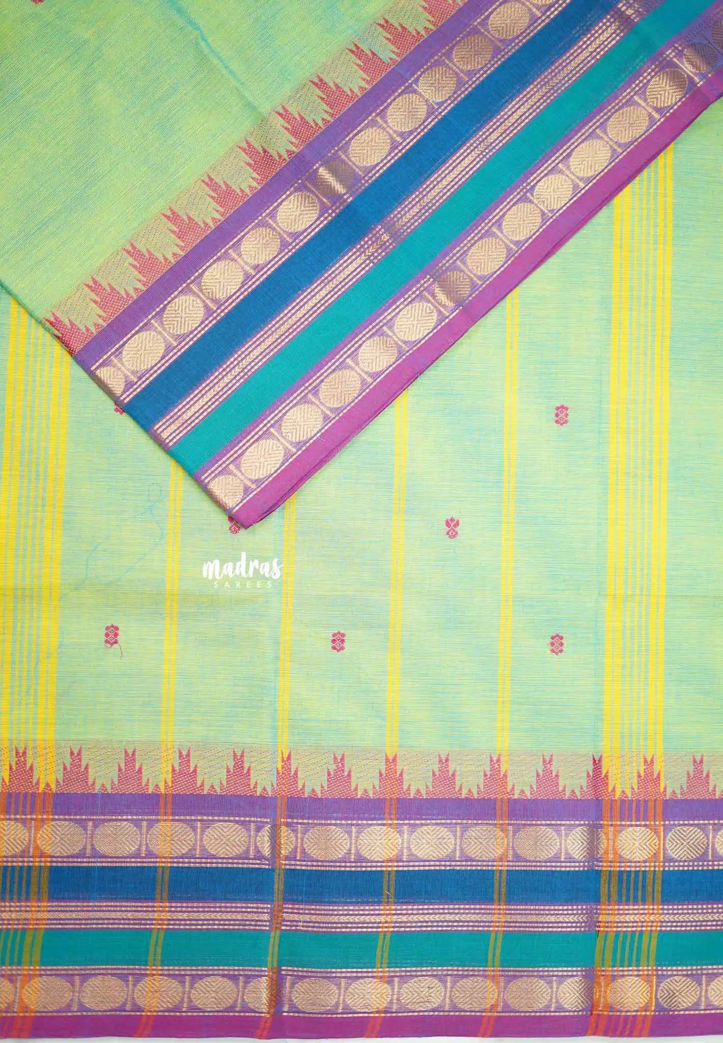 Karthigai silk cotton multicolor rudraksham border - Dual shade Bluish Green