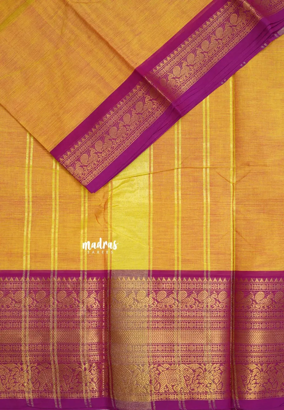 Mango Yellow - Karthigai silk cotton plain body with annam yanai border