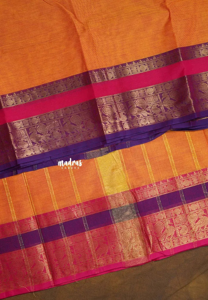 Yellowish Orange - Karthigai silk cotton plain body annam Ganga jamuna border - Best for Wedding Functions