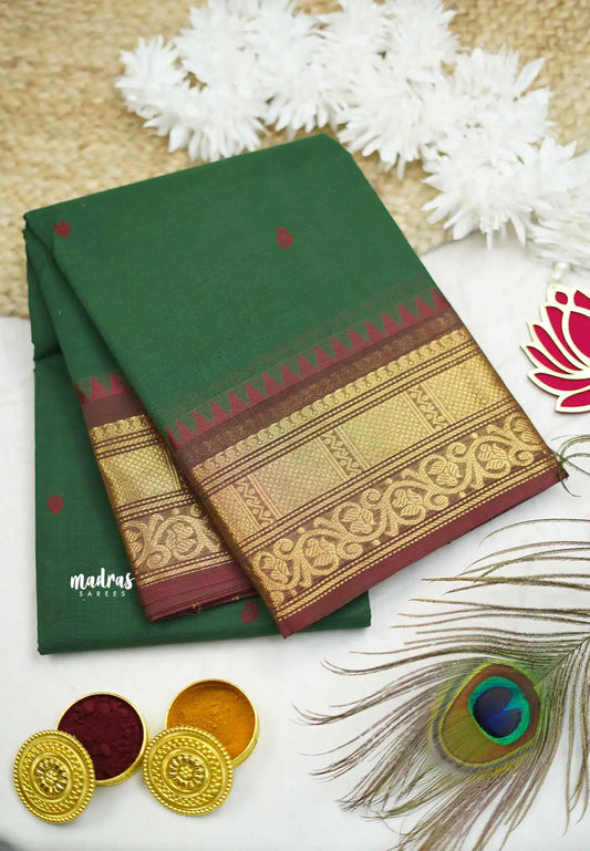 Karthigai silk cotton buttas with bavanji floral border - Green