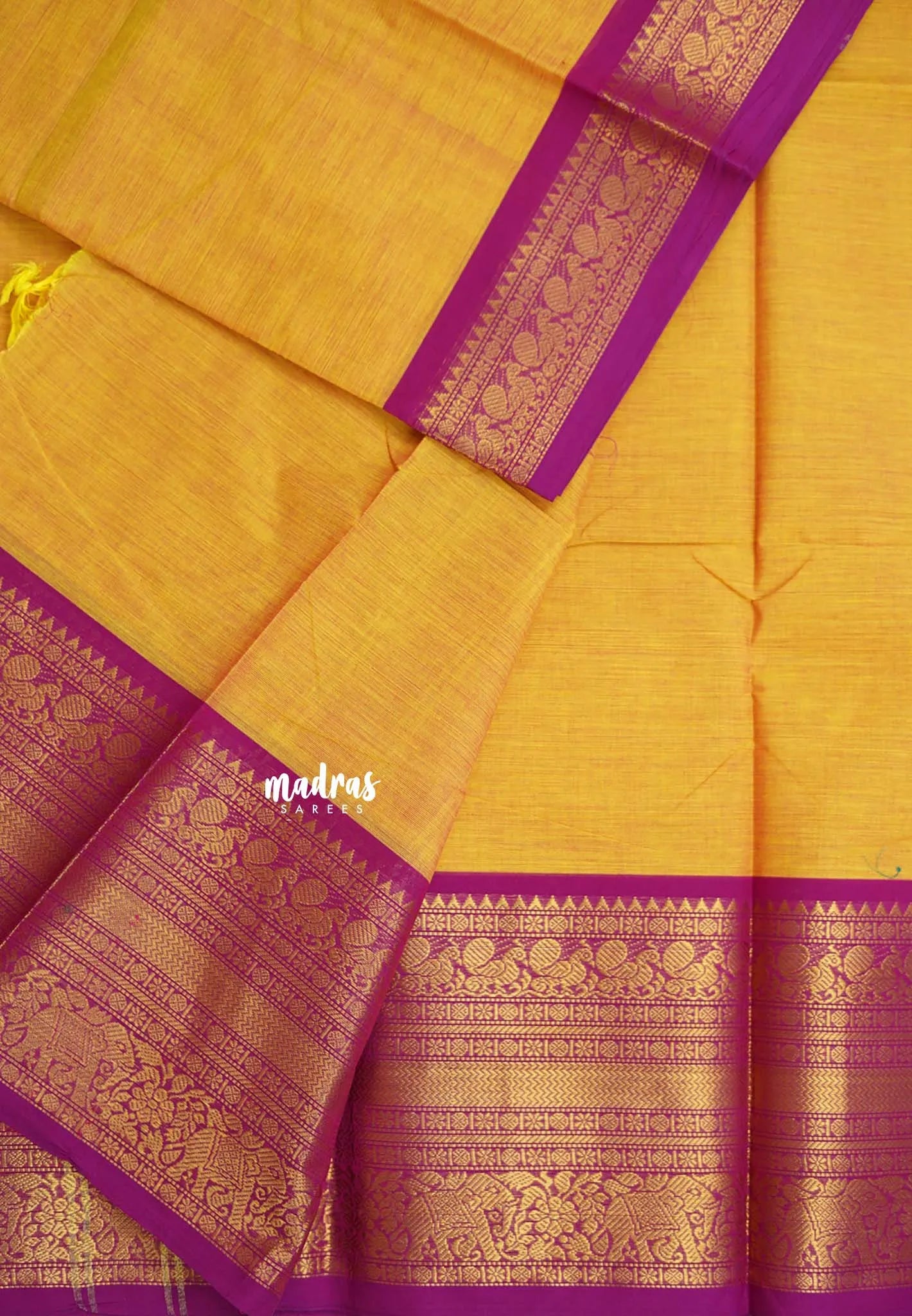 Mango Yellow - Karthigai silk cotton plain body with annam yanai border