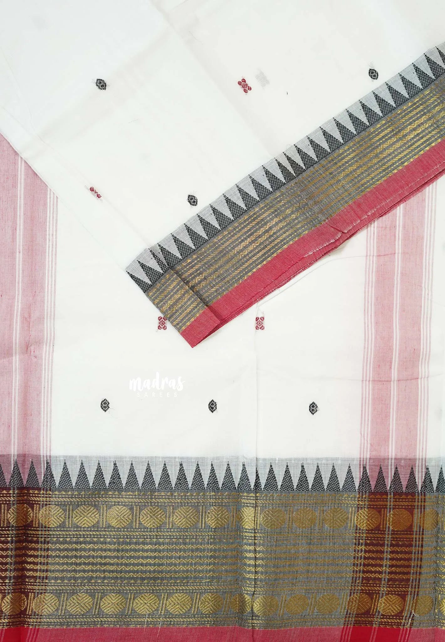 White - Karthigai silk cotton multi rudraksham border with buttas