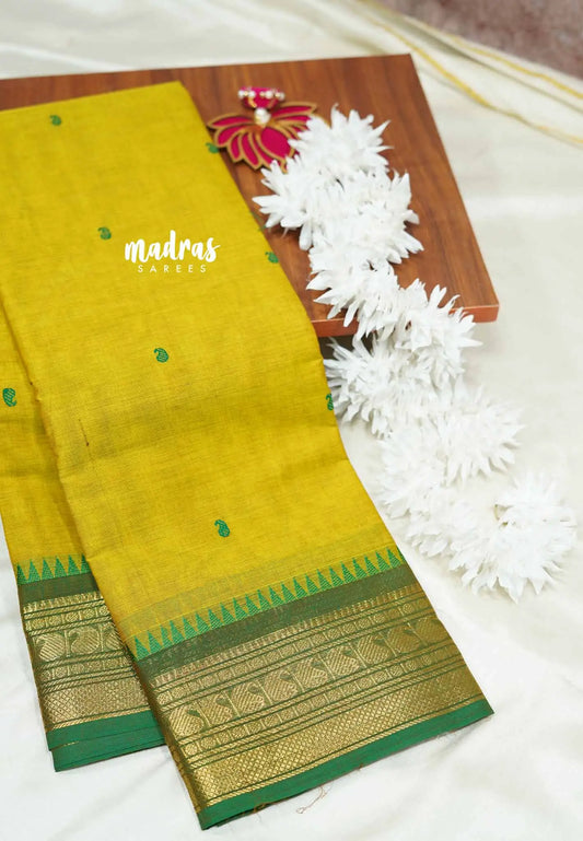 Lemon yellow - Karthigai silk cotton getti zari with mango border
