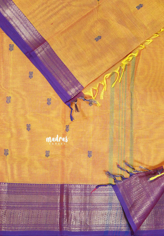 Orangish Yellow  - Karthigai silk cotton Bavanji line border with buttas