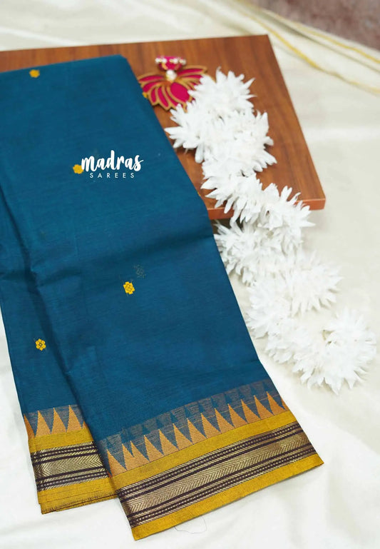 Teal blue - Karthigai silk cotton very small border temple weaving