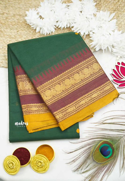 Karthigai silk cotton Rettapet border mayil temple weaving - Green