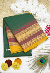 Karthigai silk cotton Rettapet border mayil temple weaving - Green