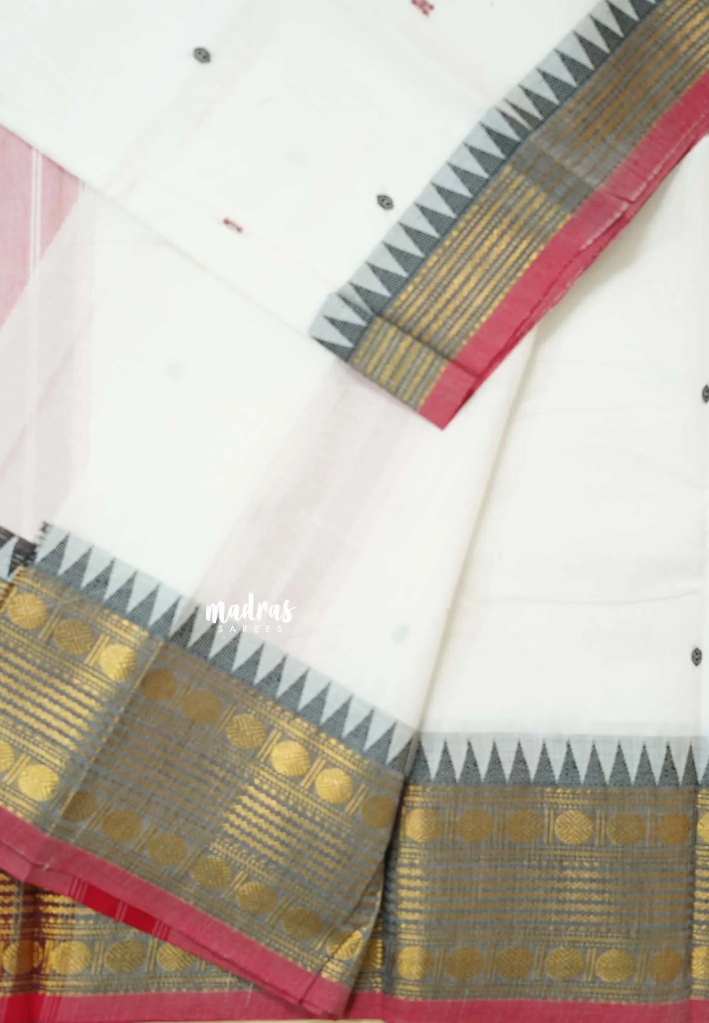 White - Karthigai silk cotton multi rudraksham border with buttas