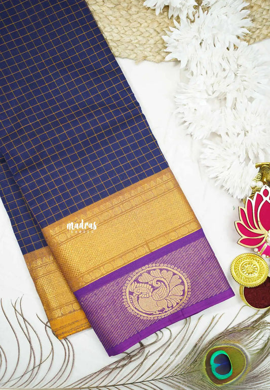 Karthigai silk cotton muthu kattam with annam double border - Navy blue