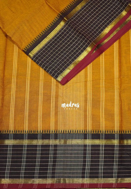 Mustard brown - Karthigai silk cotton plain body checks border