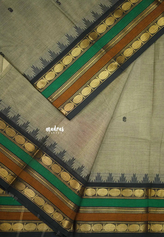 Karthigai silk cotton multicolor rudraksham border - Grey