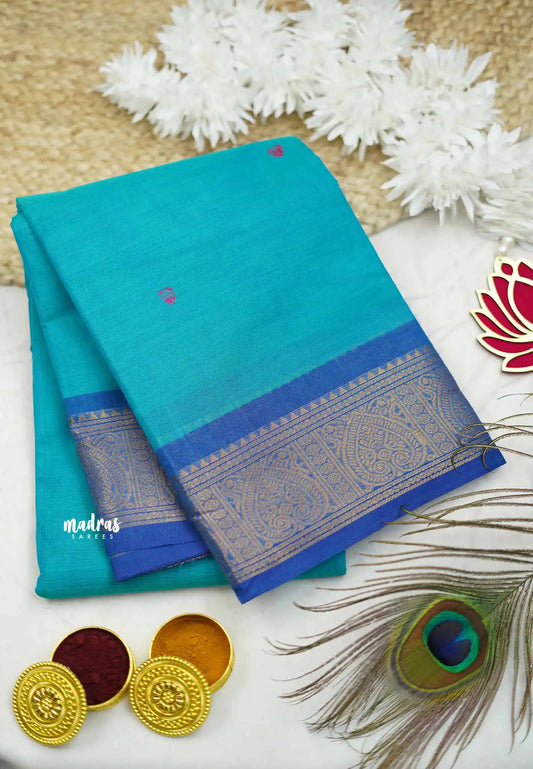 Karthigai silk cotton buttas with heart border - Ananda blue