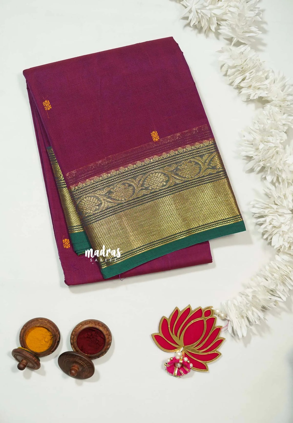 Beet Pink - Karthigai silk cotton bavanji floral border - Best for Temple Visit