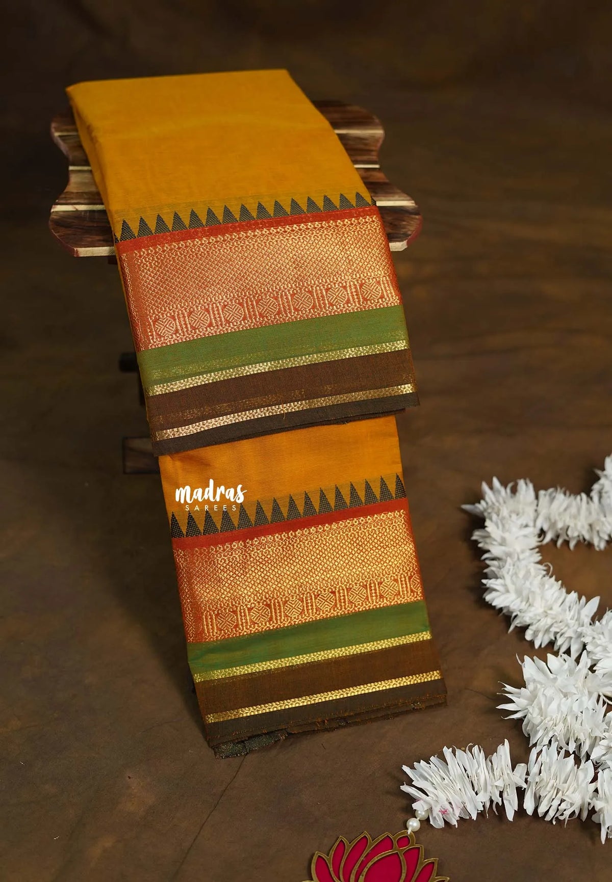 Orangish Yellow - Karthigai Silk Cotton Rudraksham and Multi Color Border - Best for Wedding Functions