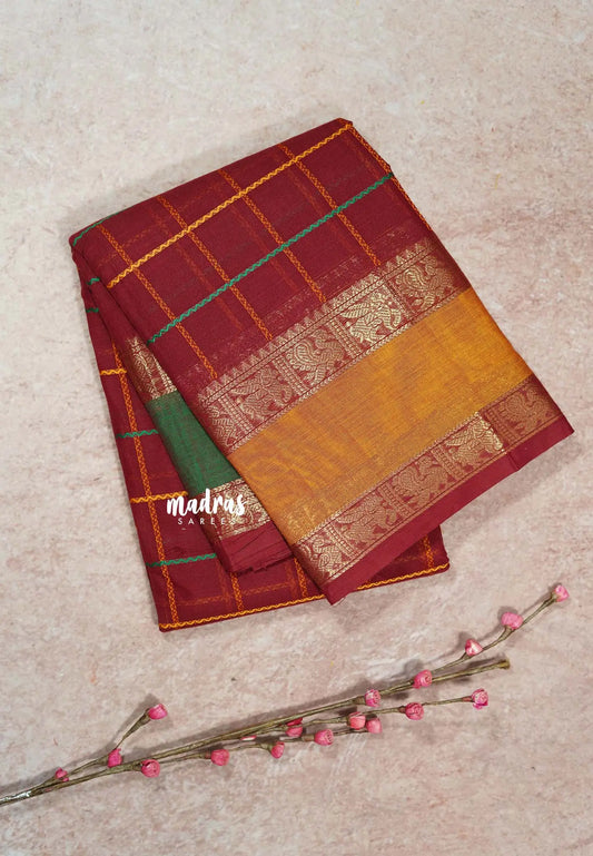 Majestic Maroon  - Premium Karthigai silk cotton big Checks Ganga Jamuna Border