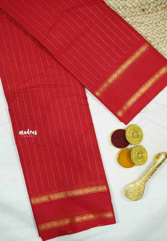 Karthigai silk cotton rettapet border stripes body Chilli red