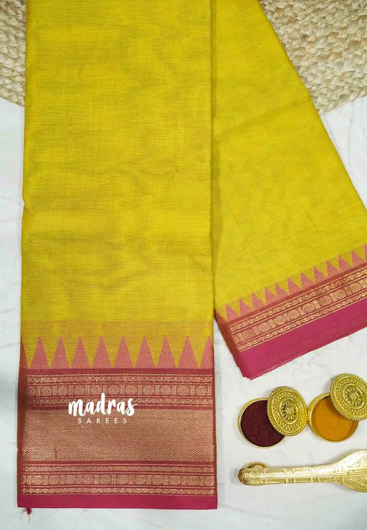 Karthigai silk cotton rettapet and temple border - yellow with pink