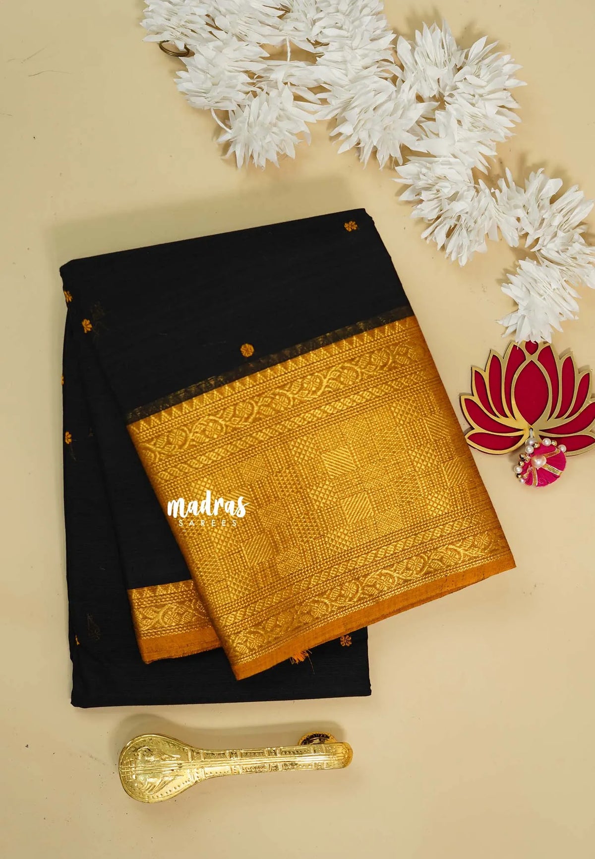 Black Pearl  - Karthigai silk cotton Multi Checks Border with buttas
