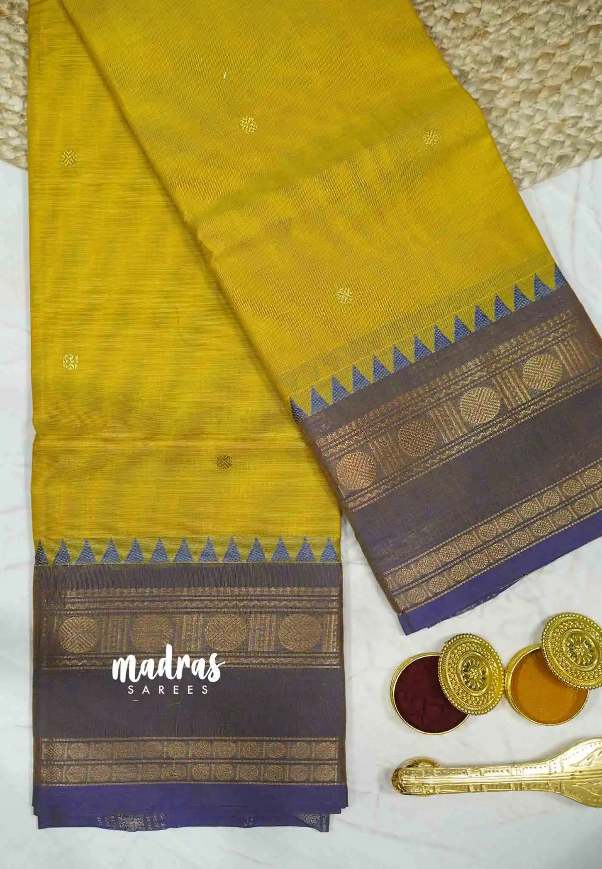 Karthigai silk cotton Rettapet rudraksham border - Yellow with purple