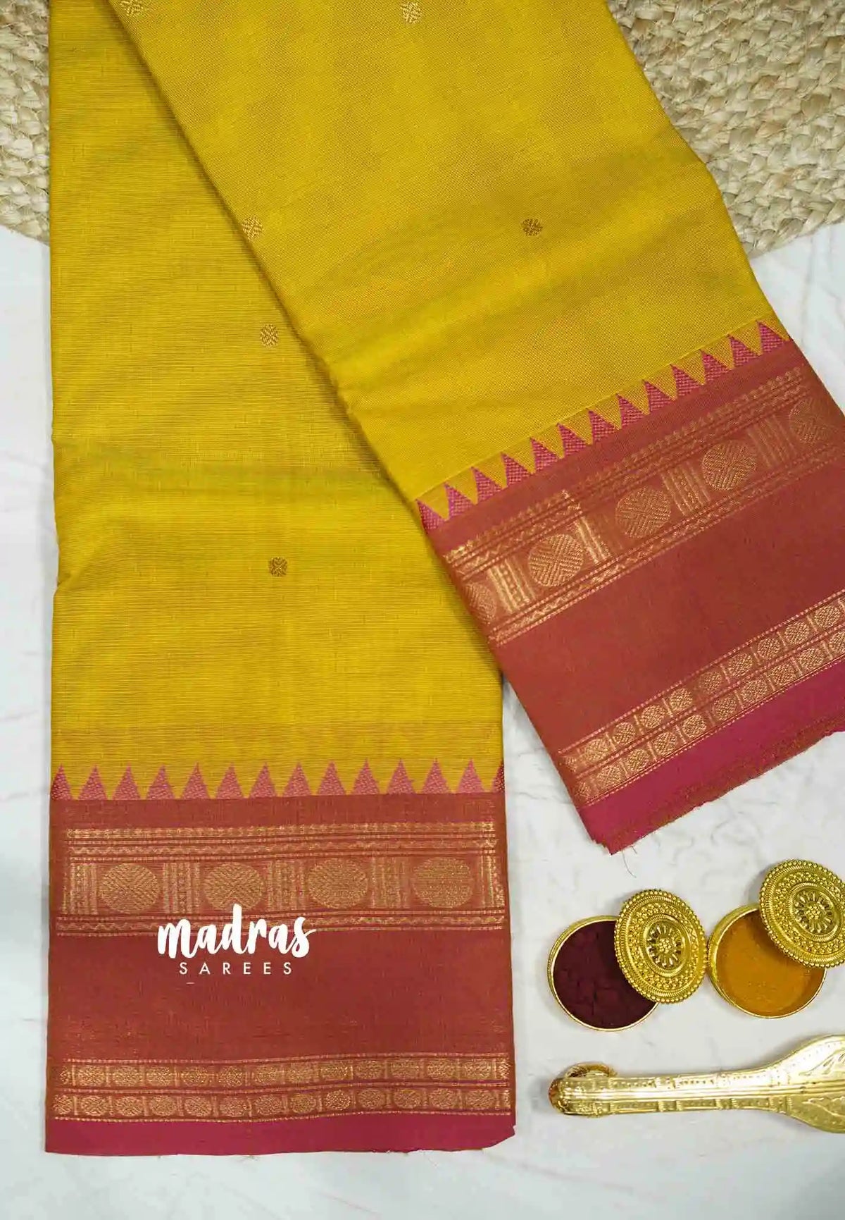 Karthigai silk cotton Rettapet rudraksham border - Yellow with pink