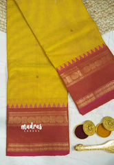 Karthigai silk cotton Rettapet rudraksham border - Yellow with pink