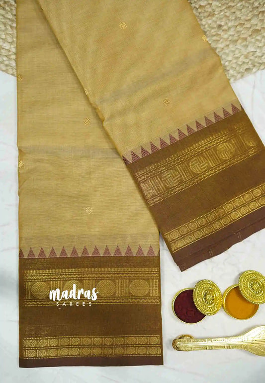 Karthigai silk cotton Rettapet rudraksham border - sandal