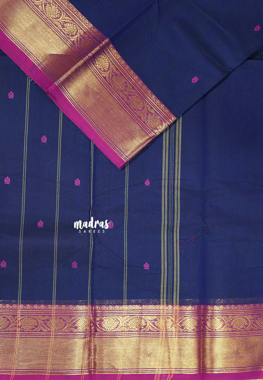 Navy Blue  - Karthigai silk cotton Bavanji and Flower border with buttas