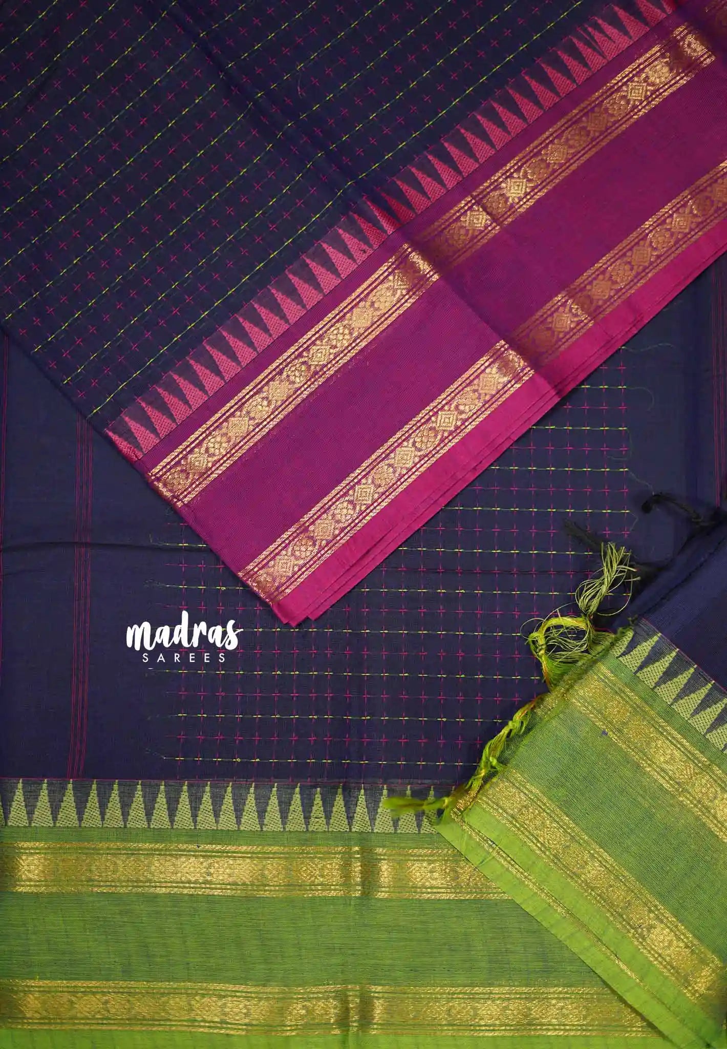 Karthigai silk cotton plus buttas body with ganga jamuna border - Navy blue - Madras Sarees 