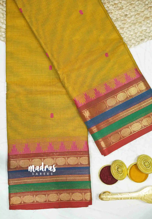 Karthigai silk cotton multicolor rudraksham border - yellowish brown