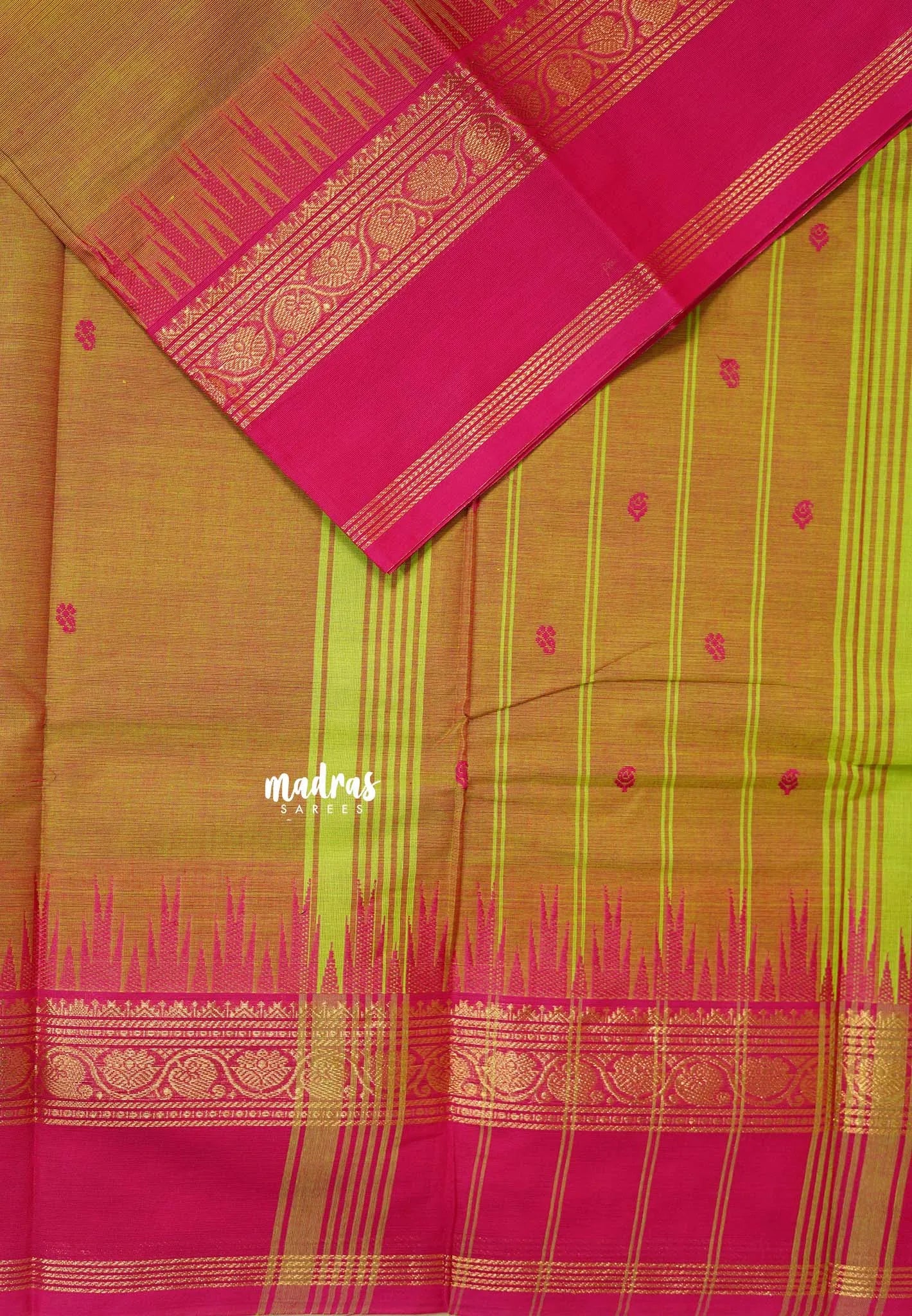 Mustard Yellow - Karthigai silk cotton Big Temple Border with Buttas