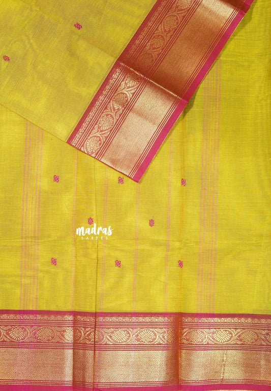 Greenish Yellow  - Karthigai silk cotton Bavanji Flower border with buttas