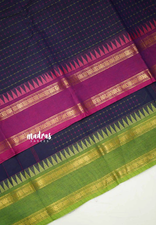 Karthigai silk cotton plus buttas body with ganga jamuna border - Navy blue - Madras Sarees 