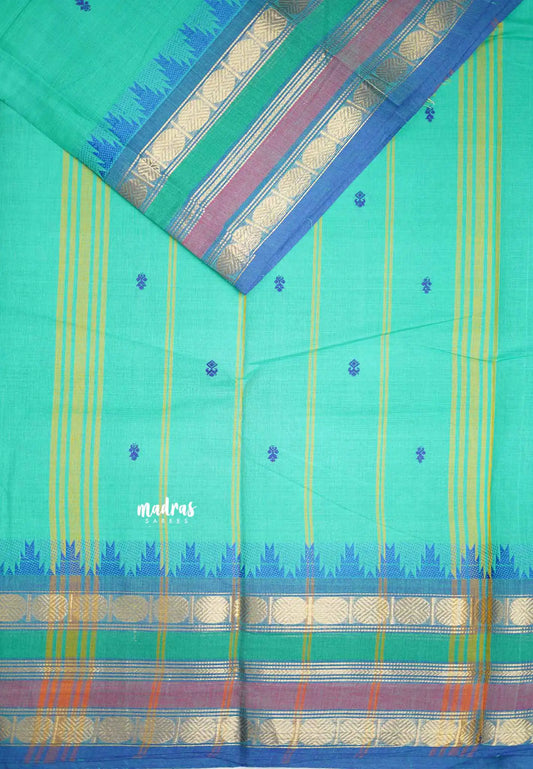 Karthigai silk cotton multicolor rudraksham border - Teal green