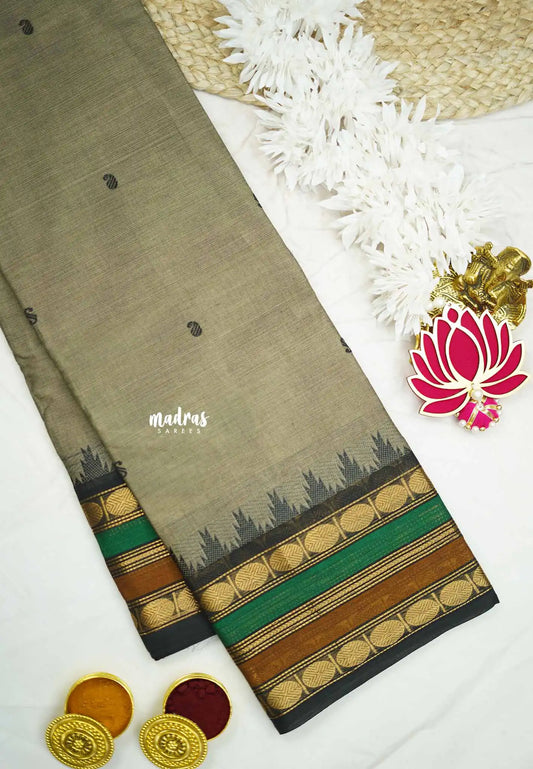 Karthigai silk cotton multicolor rudraksham border - Grey