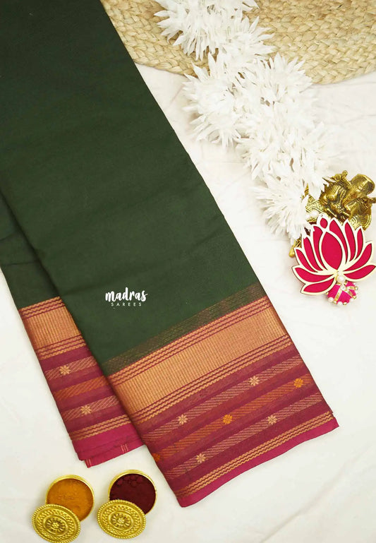 Karthigai silk cotton plain body floral weaving border - Green