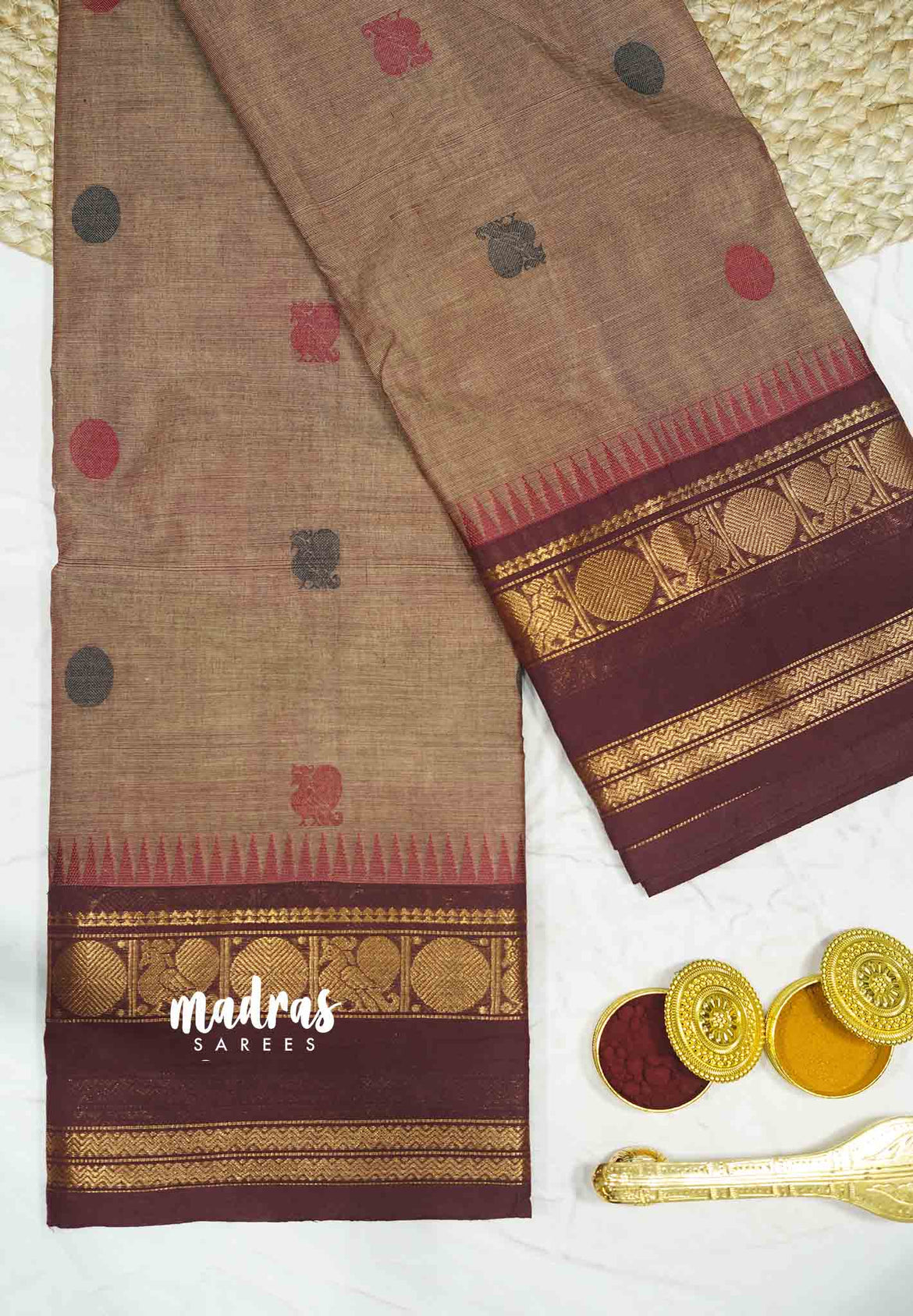 Korvai silk cotton saree in red with Black  border. Fall peco done. Comes with stitched blouse size 38 can be altered up to 44 size.