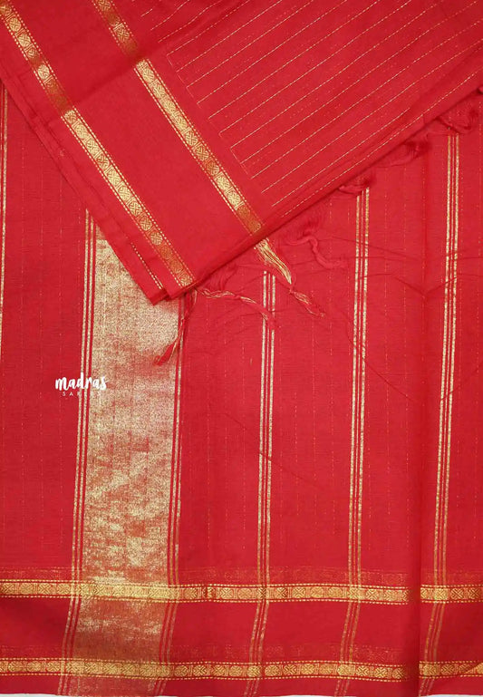 Karthigai silk cotton rettapet border stripes body Chilli red