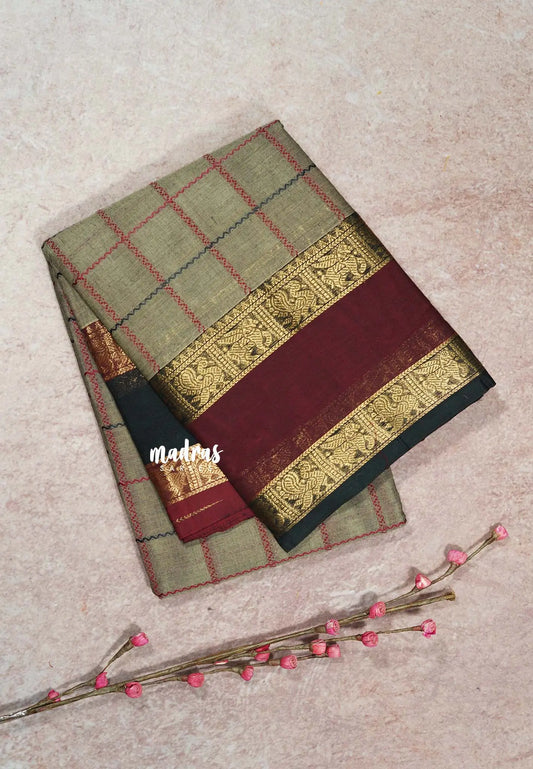 Olive Grey - Premium Karthigai silk cotton big Checks Ganga Jamuna Border